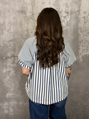 Blue Stripe Puff Sleeve Top (Small - 2X)