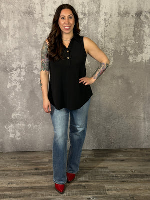 The Wrinkle Free Collared Tank with Button Detail - Black (Small - 3X)-FINAL SALE