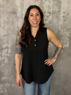 The Wrinkle Free Collared Tank with Button Detail - Black (Small - 3X)-FINAL SALE