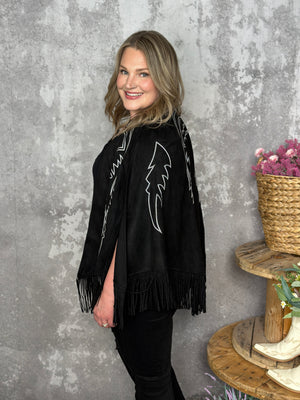 Black Suede Boot Stitch Cape with Fringe