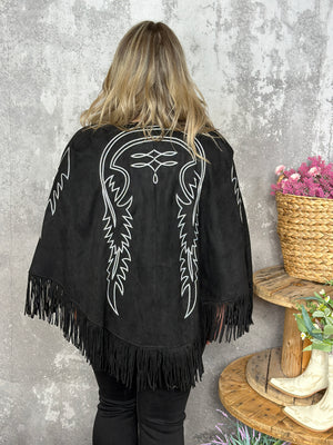 Black Suede Boot Stitch Cape with Fringe