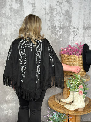 Black Suede Boot Stitch Cape with Fringe