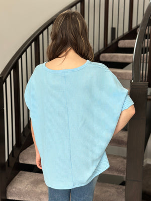 Ribbed 3/4 Sleeve Top - Light Blue