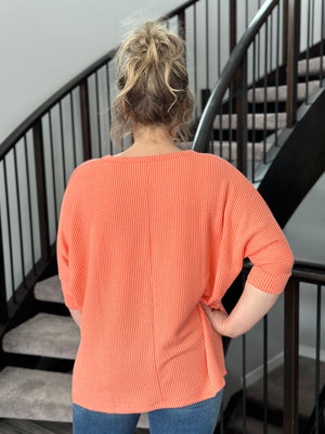 Ribbed 3/4 Sleeve Top - Coral