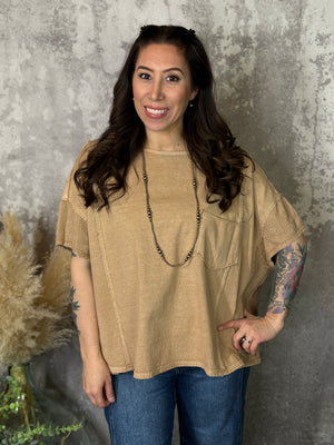 Brown Mineral Wash Pocket Tee with Side Detail