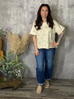 Western Graphic Style Sweatshirt Top - Cream (Small - 3X)