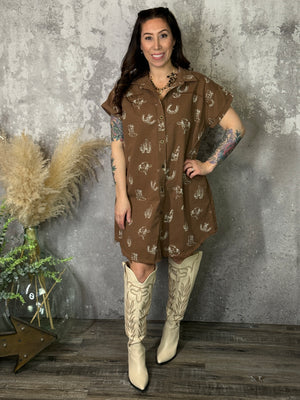 Brown Western Graphic Button Up Collared Dress