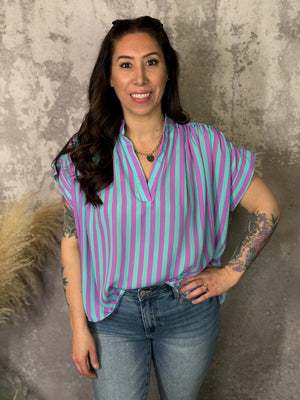 Teal and Purple Short Sleeve Top (Small - 3X)