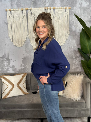 Navy Gauze Button Up Top - (Small - 3X)