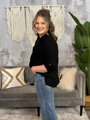 Black Gauze Button Up Top - (Small - 3X) - FINAL SALE