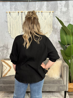 Black Gauze Button Up Top - (Small - 3X) - FINAL SALE