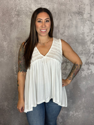Vneck Tank with Dainty Crochet Detail - White