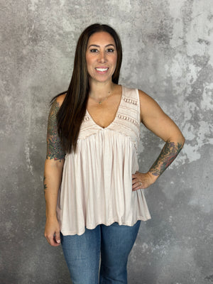 Vneck Tank with Dainty Crochet Detail - Blush