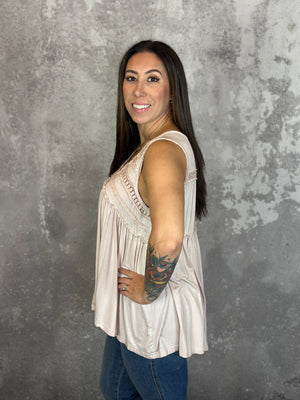 Vneck Tank with Dainty Crochet Detail - Blush