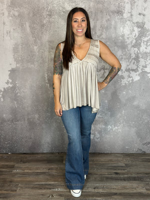 Vneck Tank with Dainty Crochet Detail - Taupe