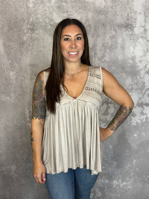Vneck Tank with Dainty Crochet Detail - Taupe