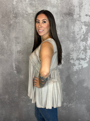 Vneck Tank with Dainty Crochet Detail - Taupe