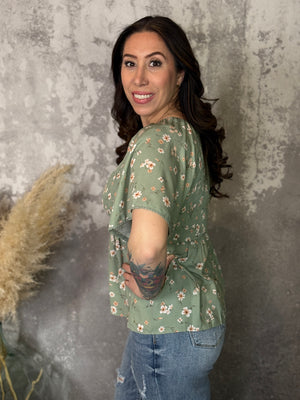 Sage Floral Smocked Babydoll Top