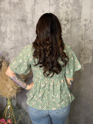 Sage Floral Smocked Babydoll Top