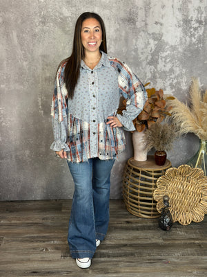 Grey Blue Rust Plaid Lightweight Shacket/Top