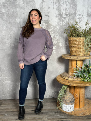 Dusty Lilac Sweatshirt with Crochet Inserts (Small - 3X)