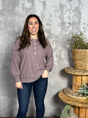 Long Sleeve Ribbed Button Detail Top - Mauve (Small - 3X)