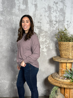 Long Sleeve Ribbed Button Detail Top - Mauve (Small - 3X)