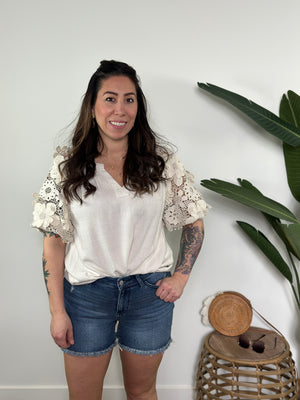 3/D Flower Sleeve Linen Top (Small - 2X)