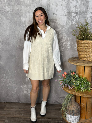 Ivory Vneck Cable Sweater Dress