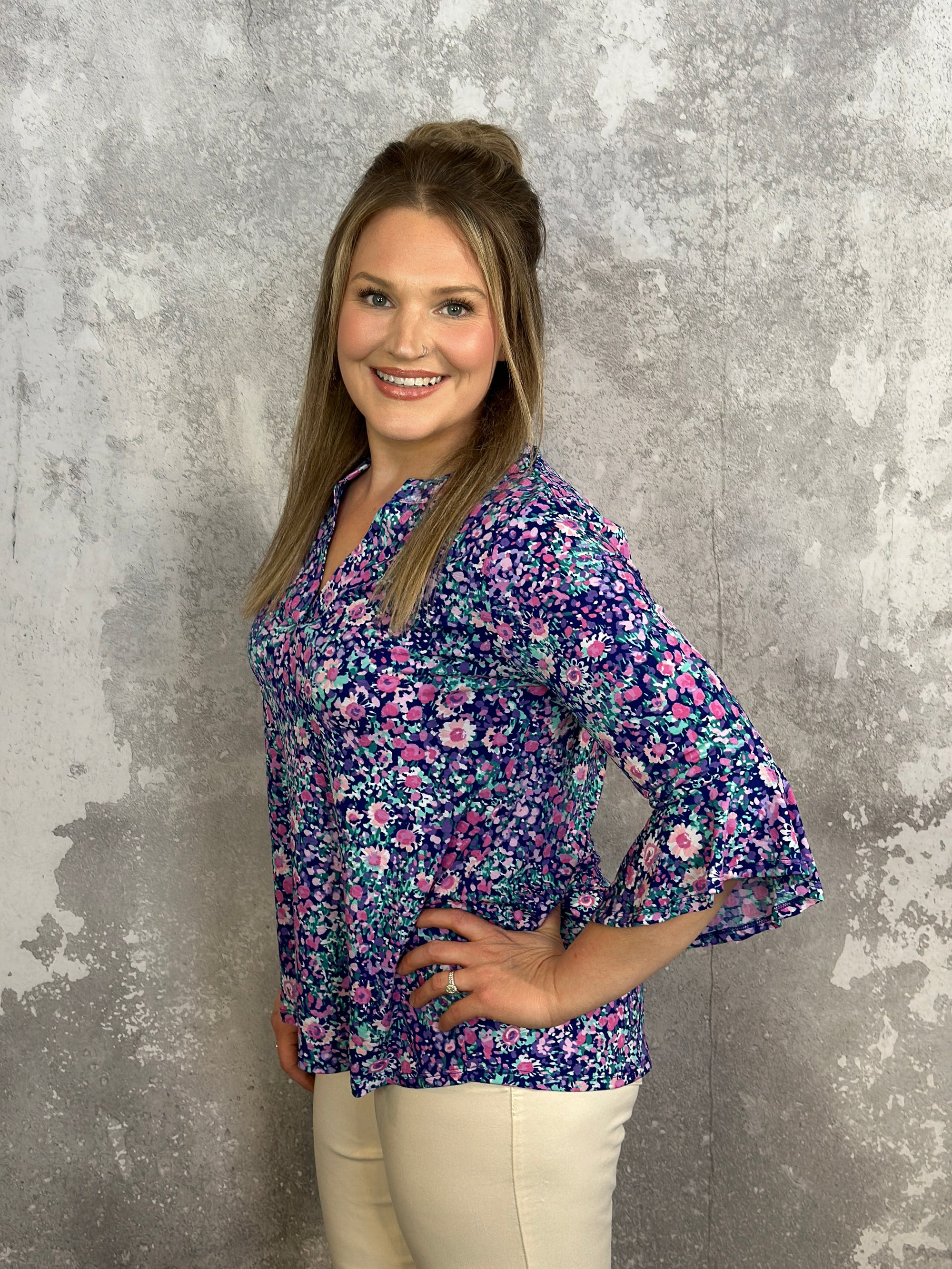 The Wrinkle Free 3/4 Ruffle Sleeve Lizzie Top -Blue Floral (Small - 3X)
