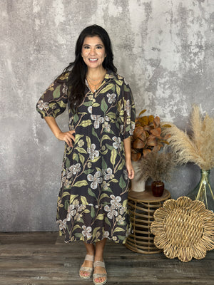 Brown Floral Maxi Dress (Small - 2X)