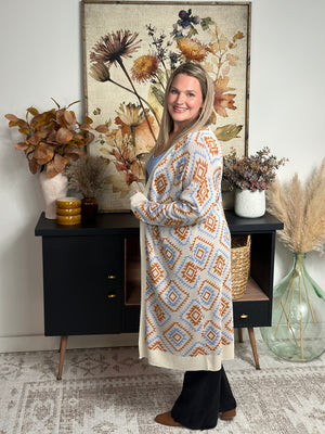 Geo Print Long Cardigan (Small - 3X) RESTOCK