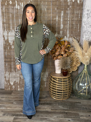 Olive and Leopard Ribbed Button Top