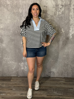 Stripe Top with Blue Statement Collar (Small - 3X)