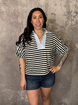 Stripe Top with Blue Statement Collar (Small - 3X)