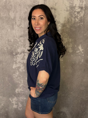 Navy Embroidered Linen Top