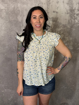 Blue Multi Floral Ruffle Top (Small - 3X)