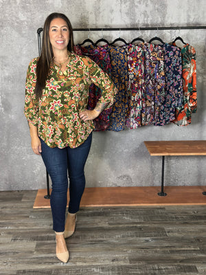 The Wrinkle Free Lizzie Top - Olive Floral (Small - 3X)