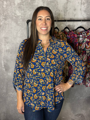 The Wrinkle Free Lizzie Top - Navy/Marigold Floral (Small - 3X)