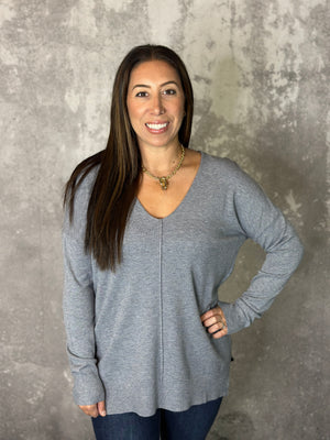 Vneck Seam Tunic Sweater - Grey (Small - 3X)