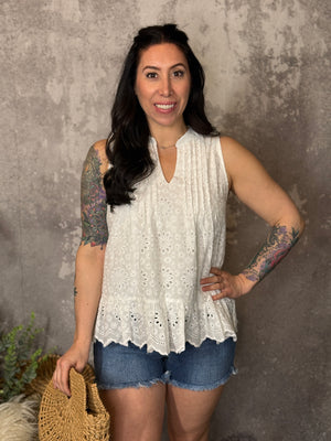 White Eyelet Pelated Tank - (Small - 3X)