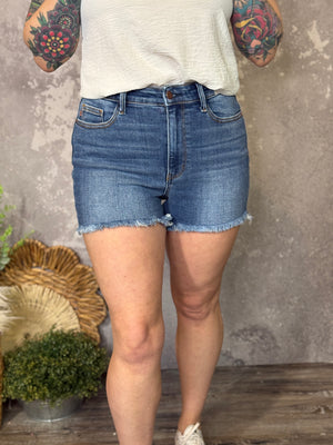 Judy Blue Medium Wash Frey Bottom Shorts (S - 3X)