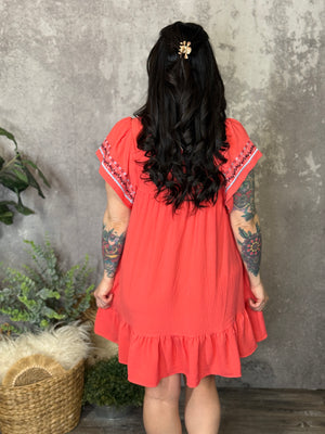 Coral Embroidered Dress
