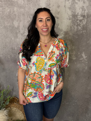 Fiesta Floral Top - Cream (Small - 2X)
