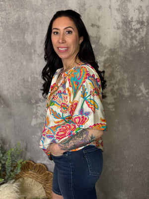 Fiesta Floral Top - Cream (Small - 2X)