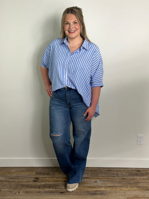 Stripe Blue Button Up Blouse (Small - 3X)