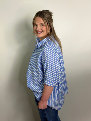 Stripe Blue Button Up Blouse (Small - 3X)