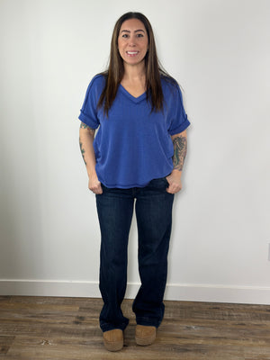 Soft Ribbed Short Sleeve Vneck Top - Classic Blue (Small - 3X)