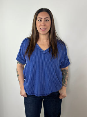Soft Ribbed Short Sleeve Vneck Top - Classic Blue (Small - 3X)