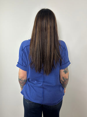 Soft Ribbed Short Sleeve Vneck Top - Classic Blue (Small - 3X)